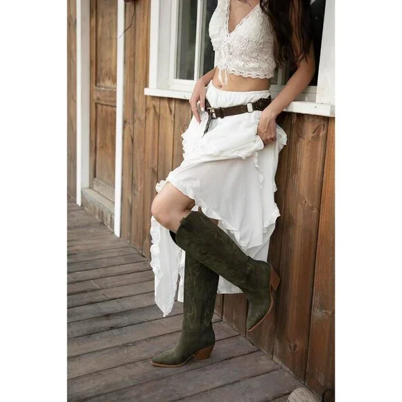 Women's Faux Leather Green Calf Height Cowgirl Embroidered and Block Heel Boots - Picture 7 of 8